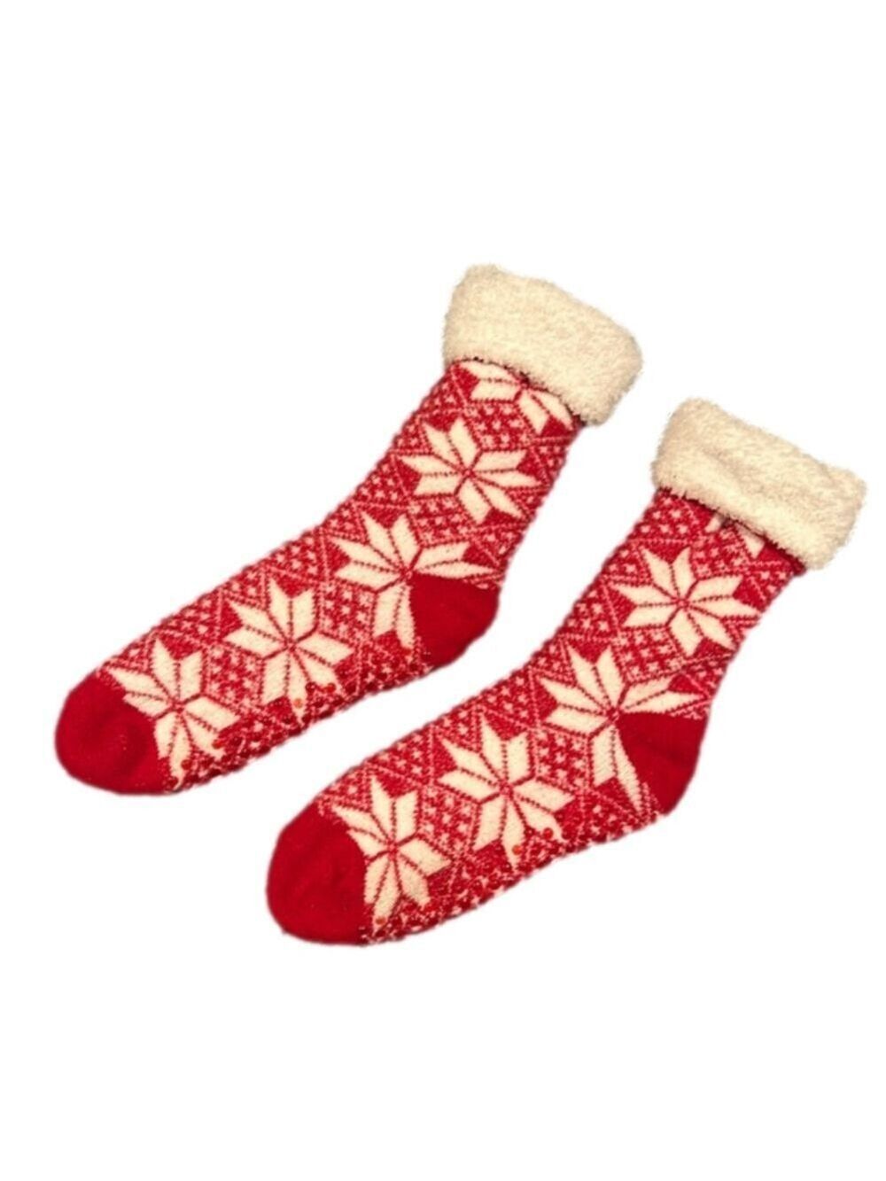 Red and White Snowflake Extra Thick Fold Over Fuzzy Socks Calf Length with Grips